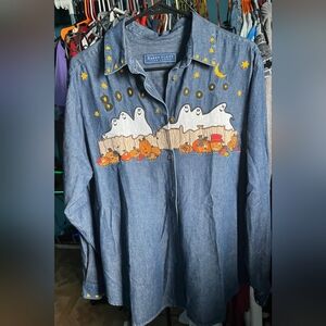 Karen Scott Blue Denim Shirt with Halloween Embroidery